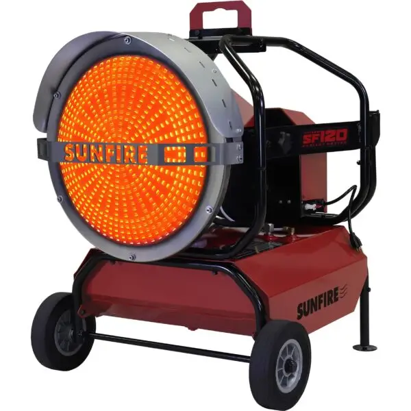 Main view front right angle of SunFire SF120 radiant heater with safe odorless heating for heating inside a shop.