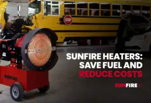 SunFire heater inside a shop showing the radiant heaters save on fuel costs