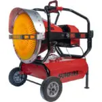 Hero view showcasing the powerful heat from the front of the SunFIre SF160 diesel/kerosene radiant heater that provides more heat than a Val6 heater.