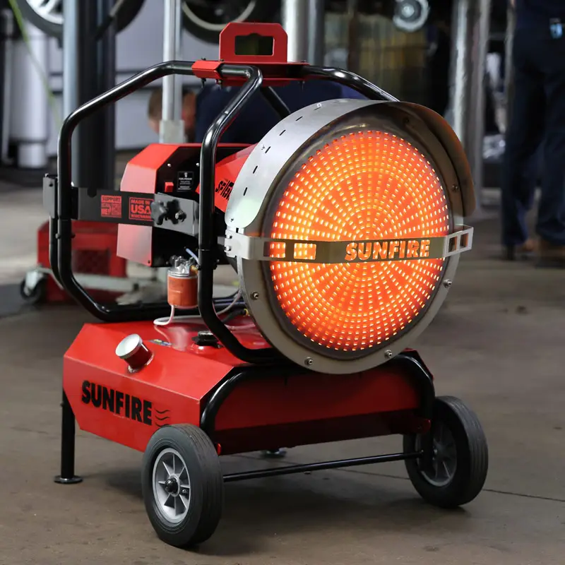 SunFire SF160 inside auto shop providing odorless portable heat.